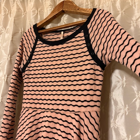 Free People Pink Black Wavy Stripe Pointelle Peplum Top - Picture 3 of 10